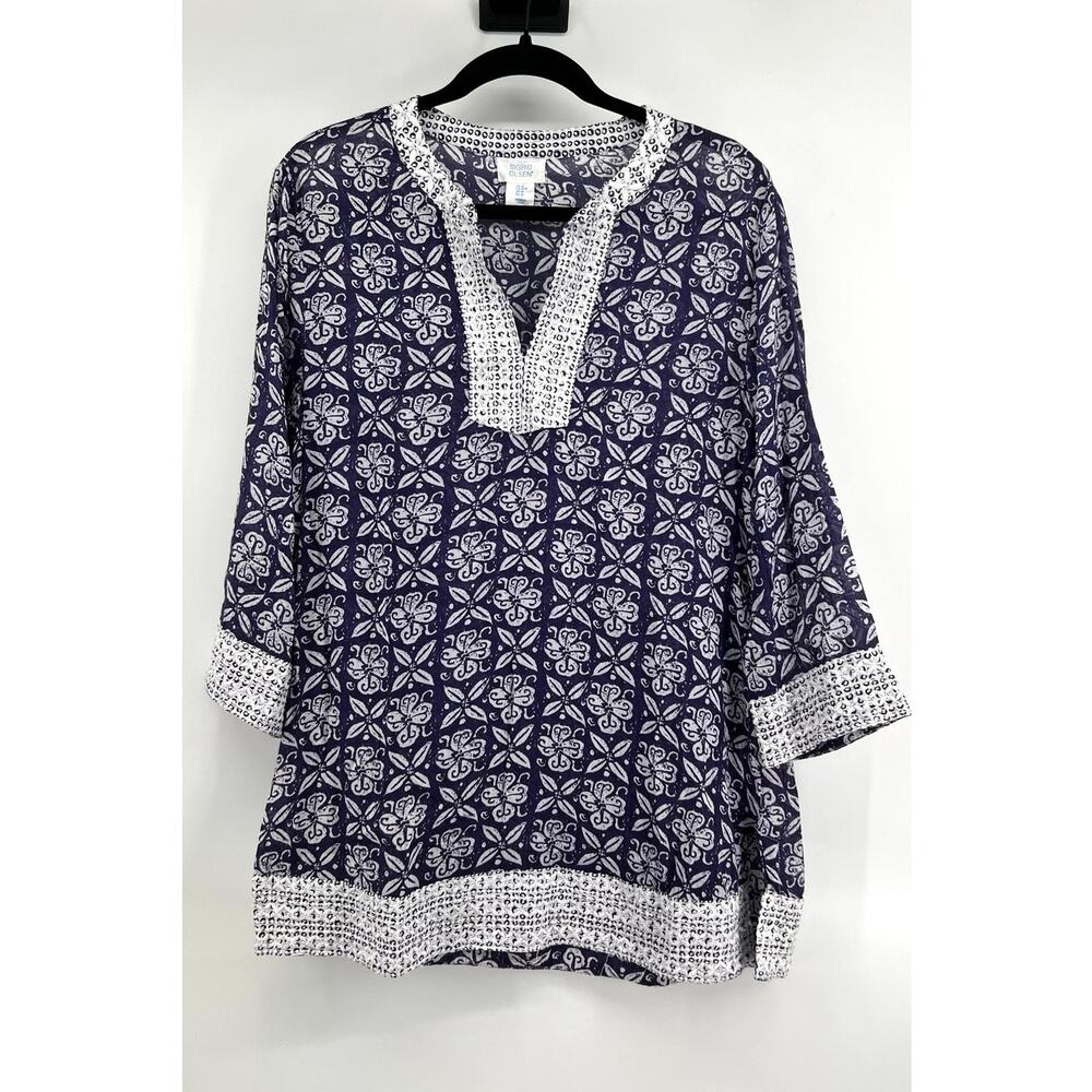 Sigrid Olsen Embroidered Cotton Blouse Size M Blue White Beachy Resort Boho